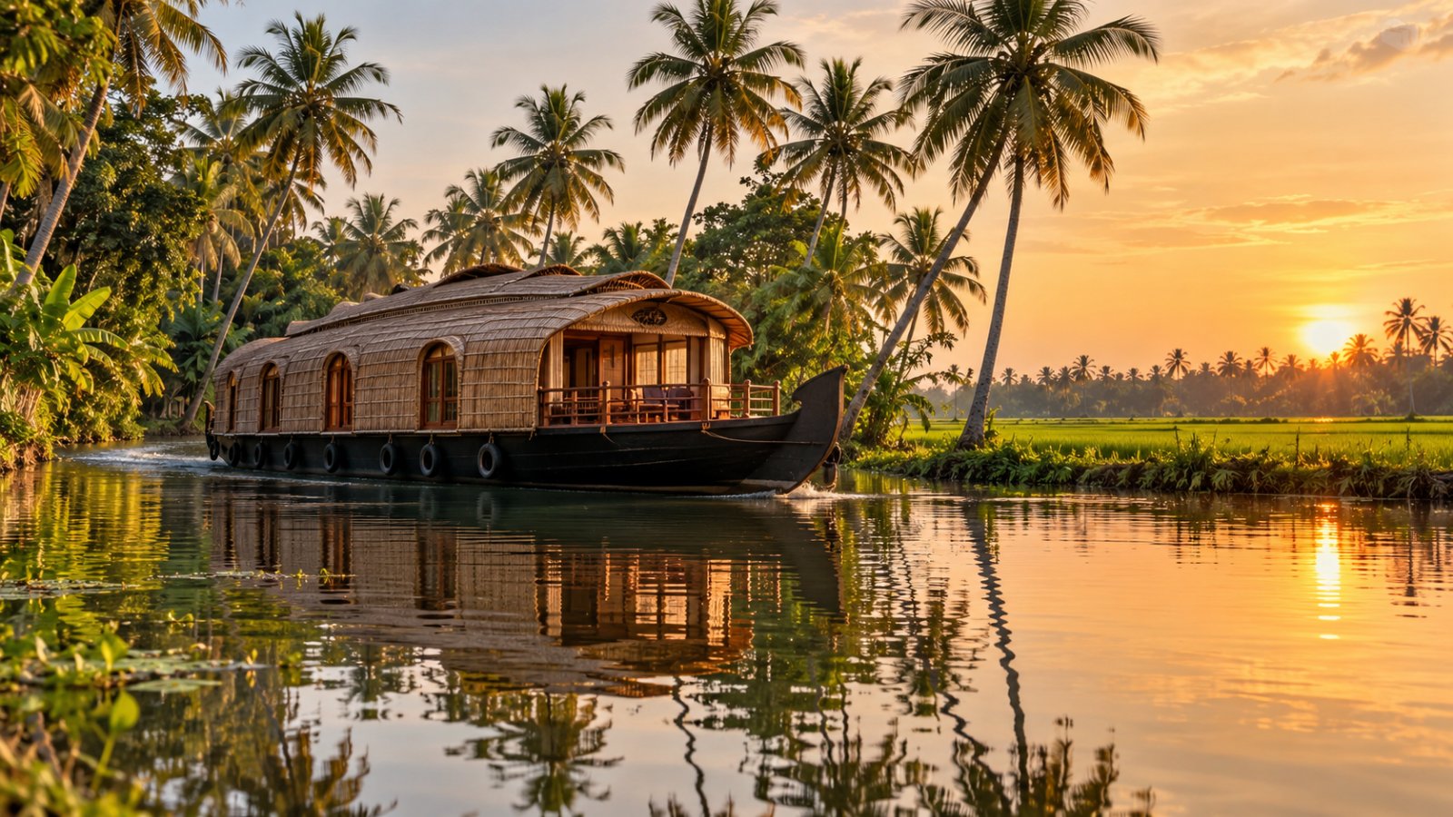 Una houseboat tradizionale in legno con il tetto di paglia intrecciata scivola su un canale delle backwaters di Alappuzha, tra palme da cocco e risaie, nella luce calda del tardo pomeriggio