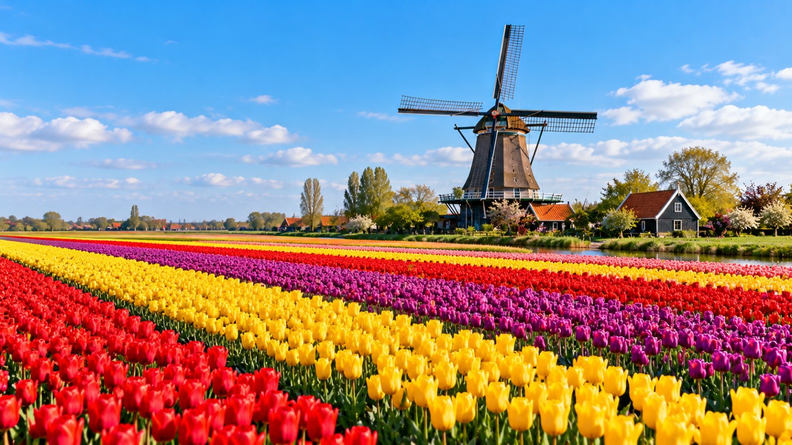 Campi di tulipani rossi, gialli e viola a strisce nella zona dei bulbi vicino al Keukenhof, con un mulino a vento sullo sfondo