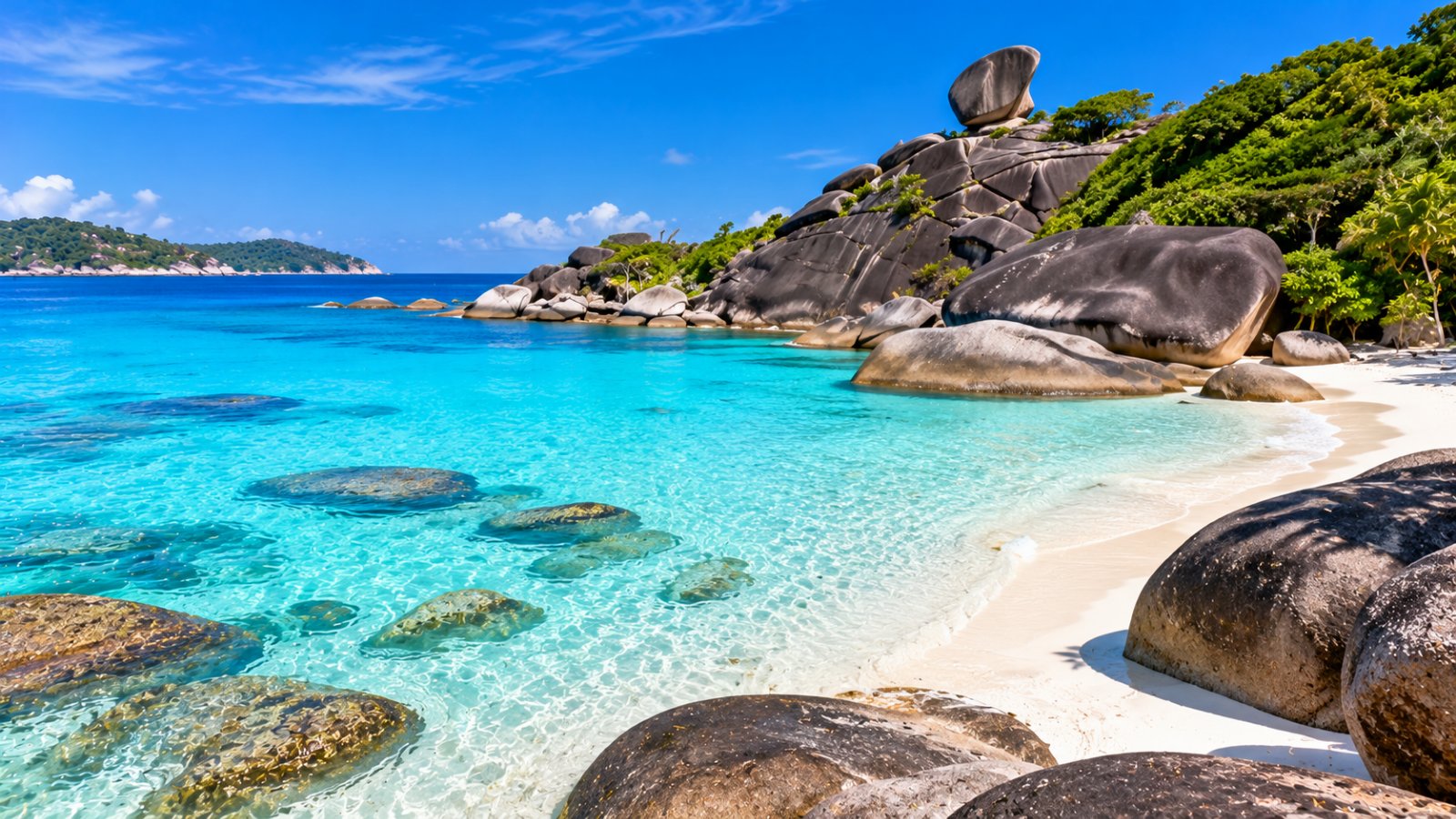 Una spiaggia delle isole Similan con grandi massi di granito levigati, sabbia bianca e mare trasparente turchese
