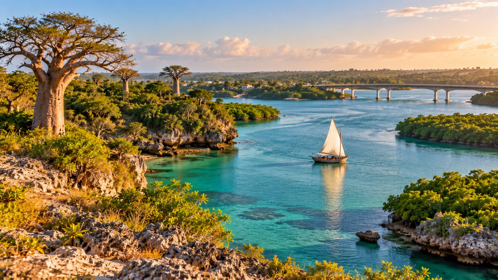Il Kilifi Creek visto dall'alto della sponda sud, con acqua turchese, mangrovie lungo le rive, un dhow a vela e il lungo ponte stradale sullo sfondo nella luce del tardo pomeriggio