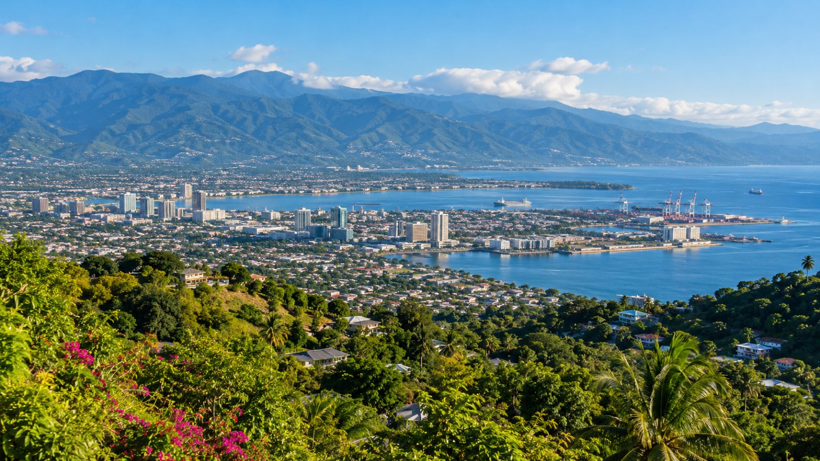Veduta di Kingston con il porto e le Blue Mountains sullo sfondo
