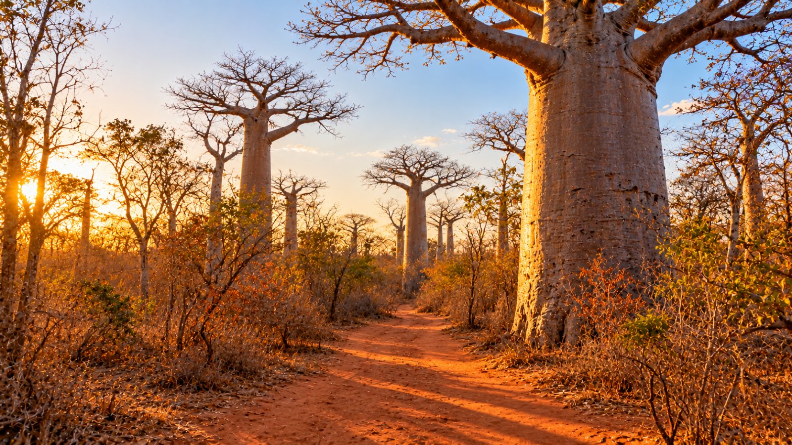 Un sentiero di terra rossa nella foresta secca di Kirindy durante la stagione secca, tra alberi senza foglie e il tronco massiccio di un baobab, nella luce calda del tardo pomeriggio