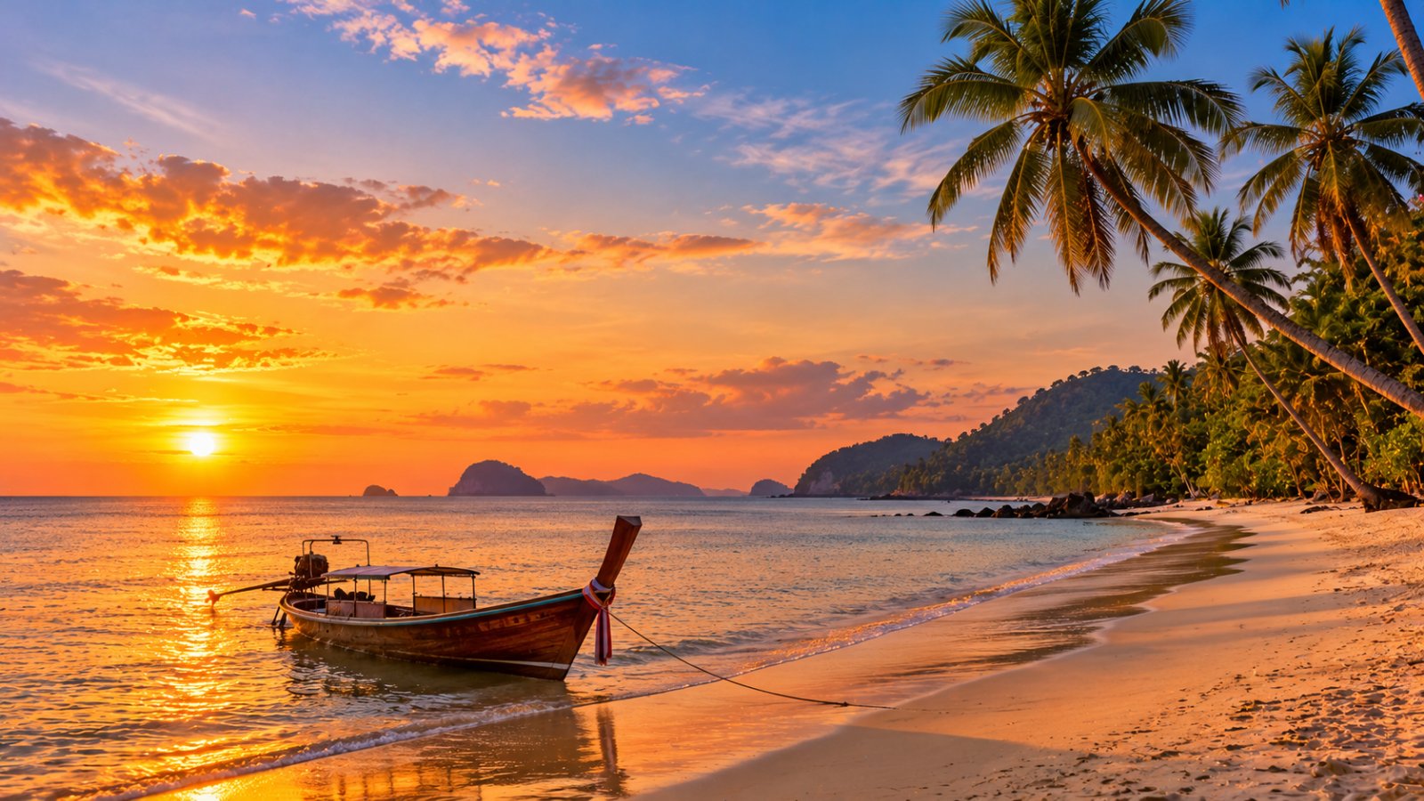 Una spiaggia di Ko Lanta al tramonto, con le palme, una barca longtail sulla riva e il mare delle Andamane calmo