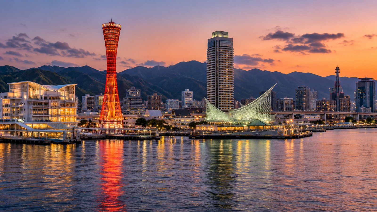 Il porto di Kobe all'imbrunire, con la torre rossa, il lungomare di Meriken Park e le colline del monte Rokko sullo sfondo