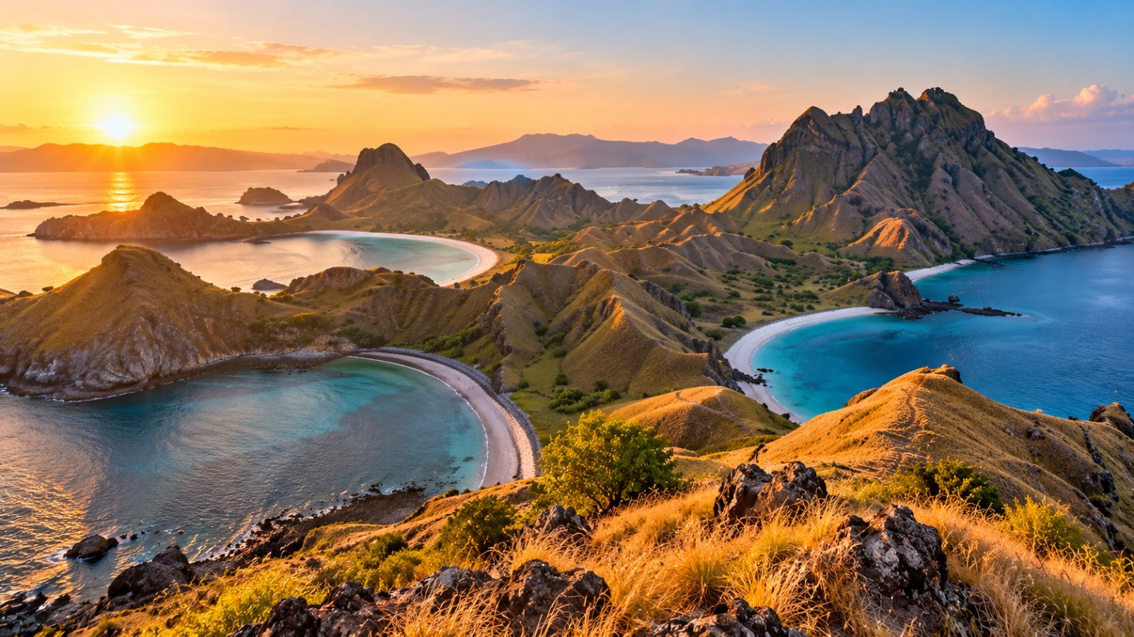 Le tre baie dell'isola di Padar viste dall'alto all'alba, con colline brune e mare turchese nel Parco nazionale di Komodo