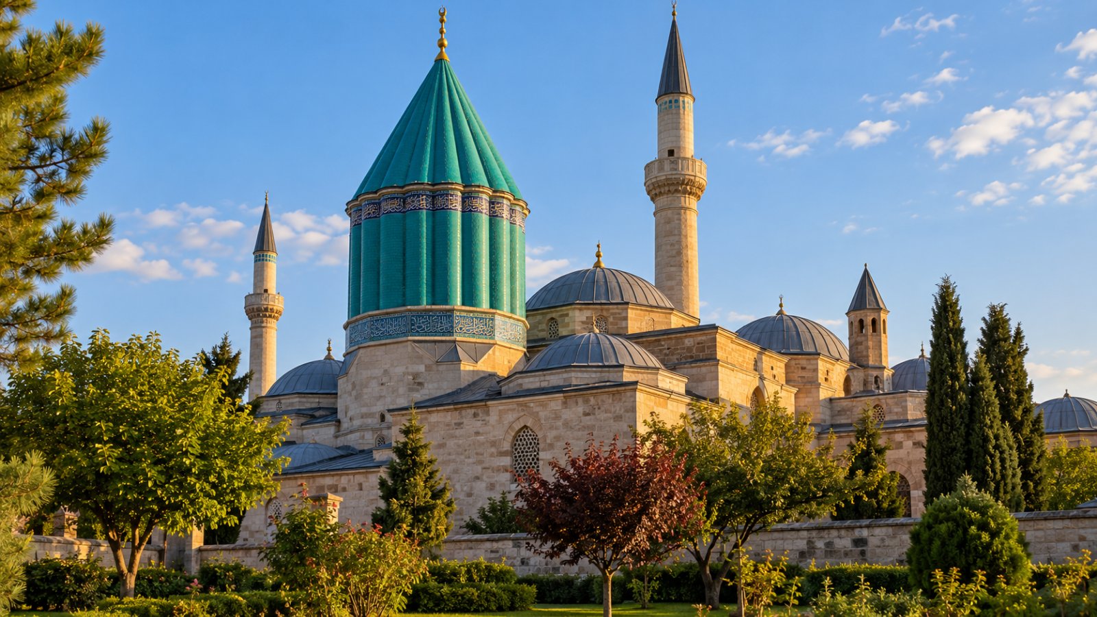 Il museo-mausoleo di Mevlâna a Konya con la cupola conica rivestita di piastrelle turchesi, i minareti e il complesso in pietra in una giornata di sole
