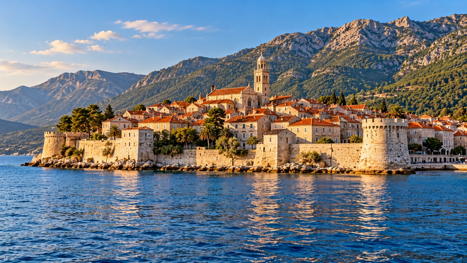 La città vecchia di Curzola su una piccola penisola, con le mura, le torri e il campanile della cattedrale di San Marco sopra i tetti rossi, circondata dal mare