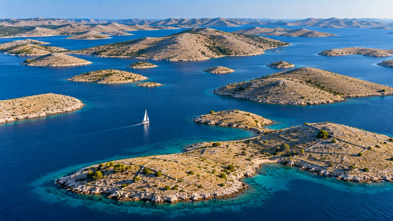 Le isole Kornati viste dall'alto, isole brulle e rocciose di color pietra, sparse in un mare blu intenso, con una barca a vela tra le isole