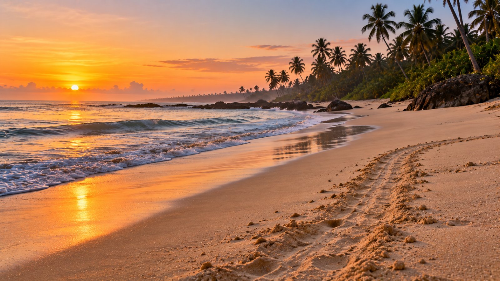 Le tracce lasciate da una tartaruga marina sulla sabbia di una lunga spiaggia tropicale all'alba, con palme da cocco e onde basse
