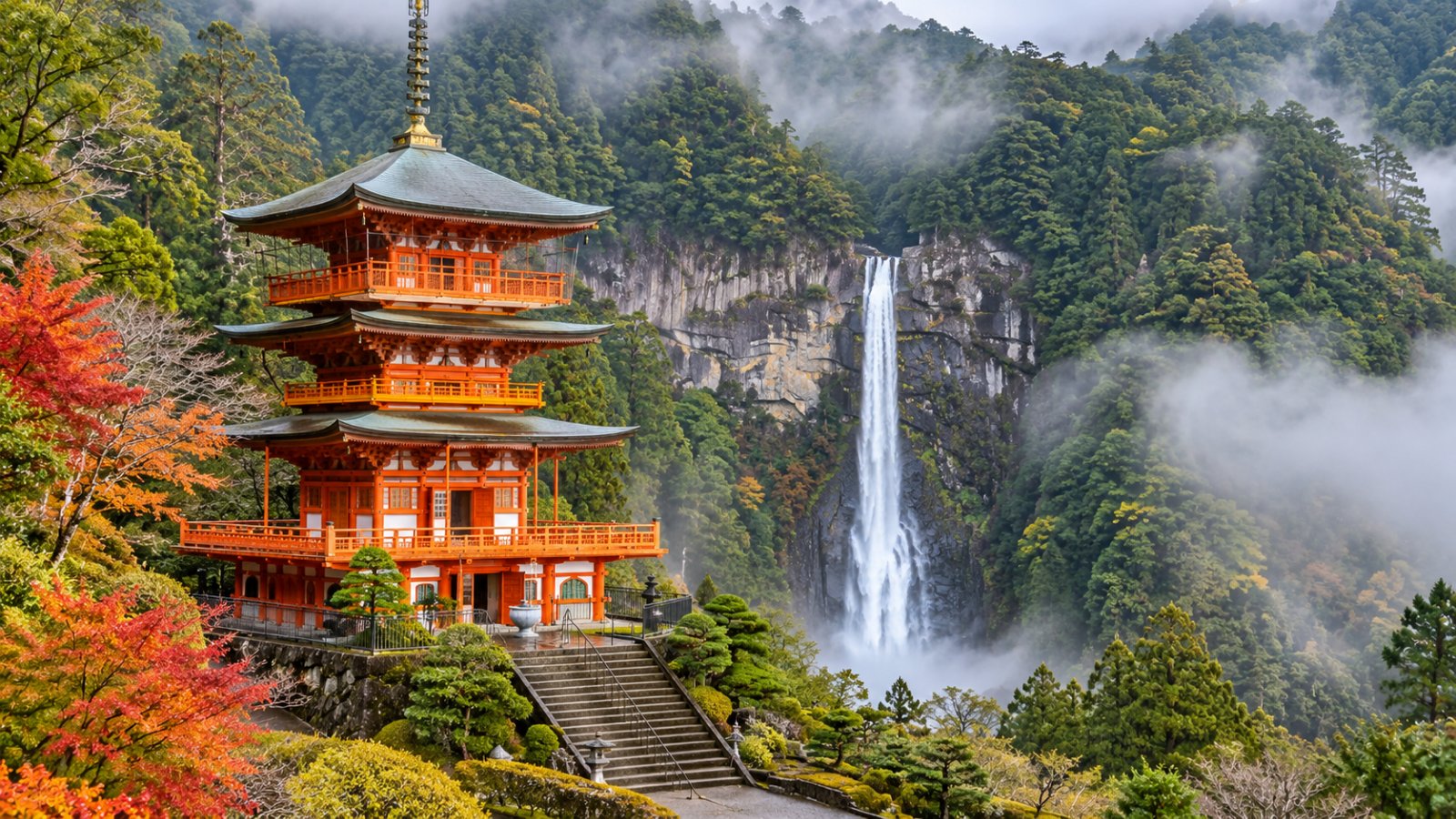 La pagoda rossa a tre piani del Seiganto-ji davanti alla cascata di Nachi, tra le foreste della penisola di Kii