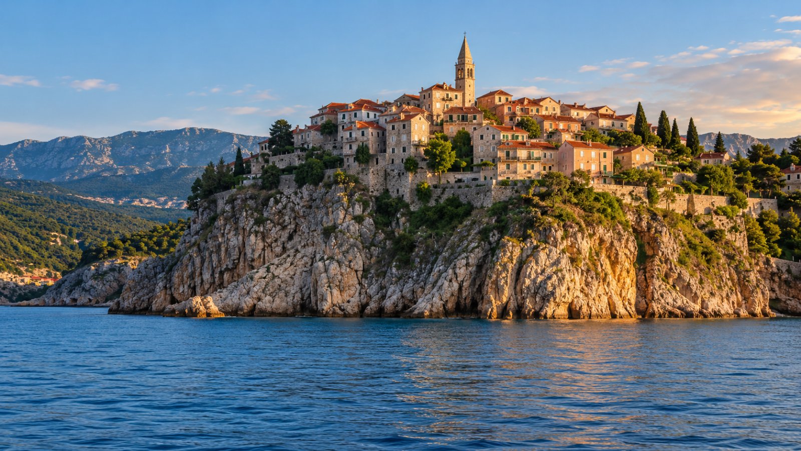 Il borgo di Vrbnik sull'isola di Krk, case di pietra e tetti rossi con il campanile arroccati su una scogliera a picco sul mare, luce del tardo pomeriggio