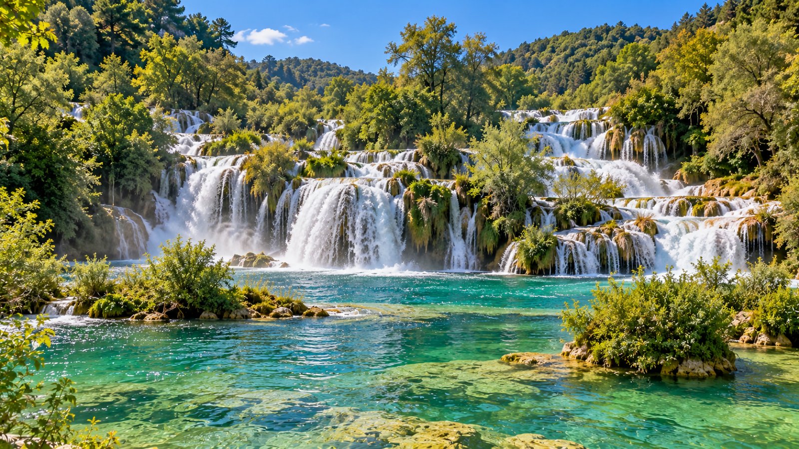 La cascata di Skradinski buk nel Parco nazionale di Krka, con l'acqua bianca che scende a gradini tra la vegetazione verde e il lago turchese ai piedi delle cascate