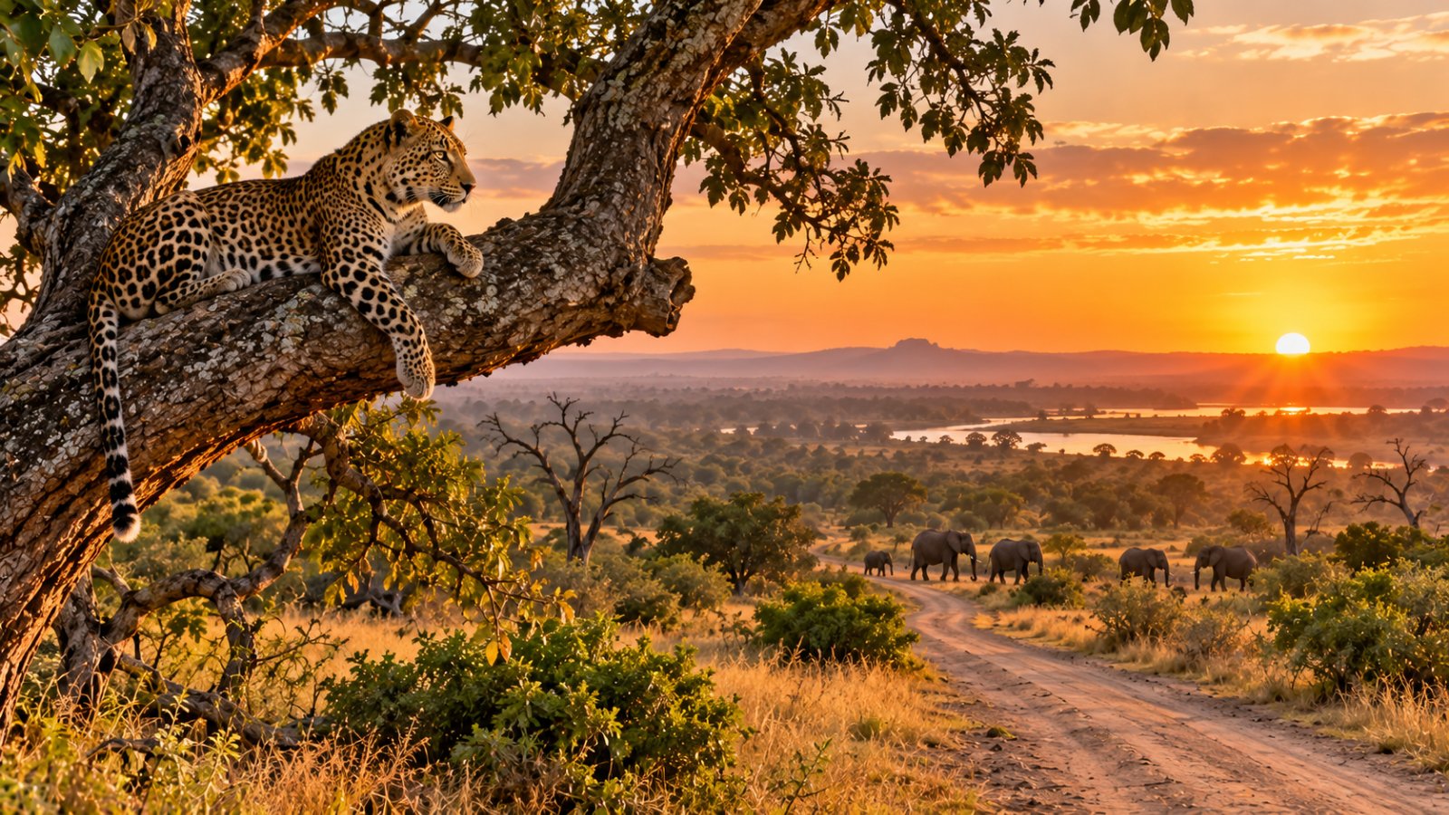 Un leopardo su un ramo e una pista sterrata nella savana del Kruger all'alba, con elefanti in lontananza