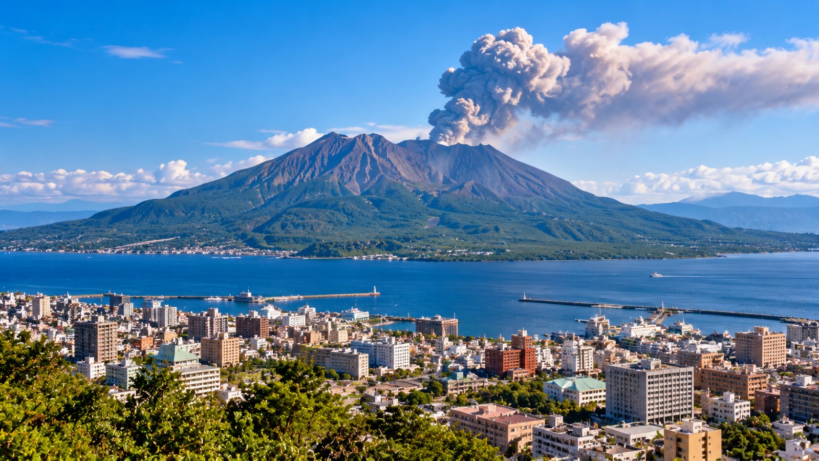 Il vulcano Sakurajima con un pennacchio di fumo sopra la baia di Kagoshima, con la città in primo piano