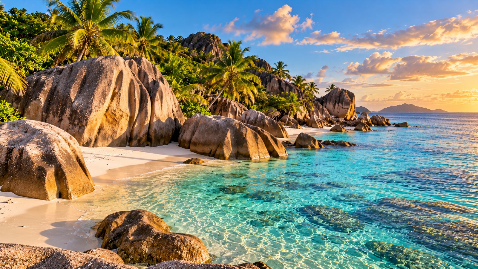 La spiaggia di Anse Source d'Argent a La Digue, con i grandi massi di granito rosa levigati, la sabbia bianca, le palme e l'acqua bassa turchese