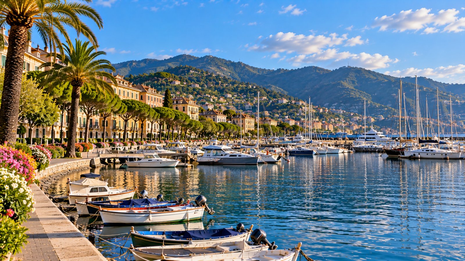 Il porto della Spezia con il lungomare alberato, le barche e le colline del golfo sullo sfondo nella luce del pomeriggio
