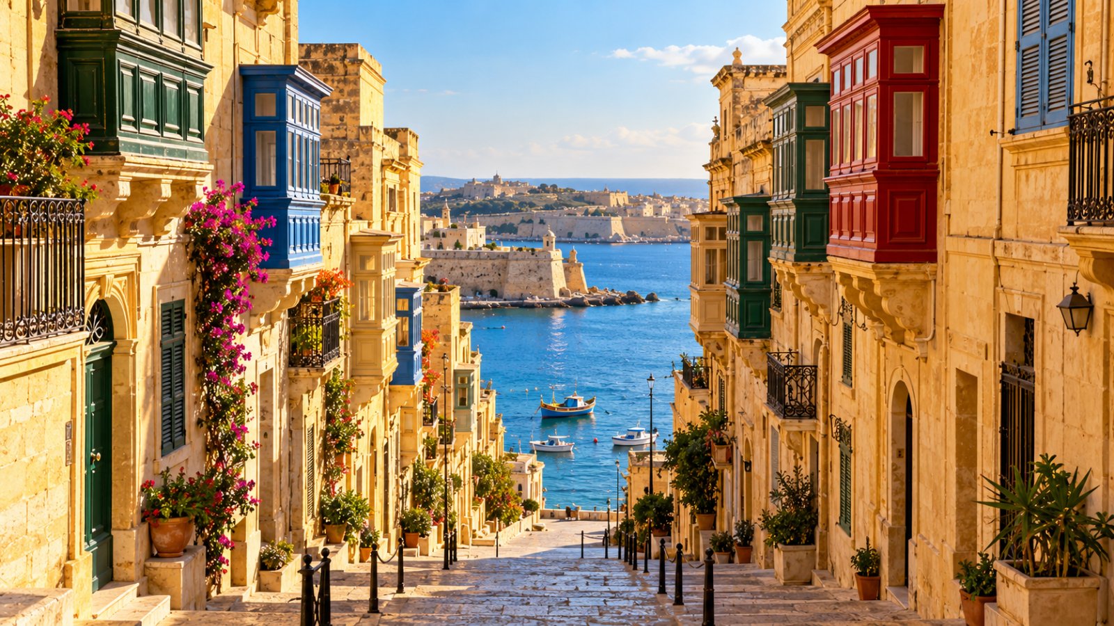 Una via in discesa della Valletta con palazzi in pietra color miele, balconi in legno colorati e il mare in fondo