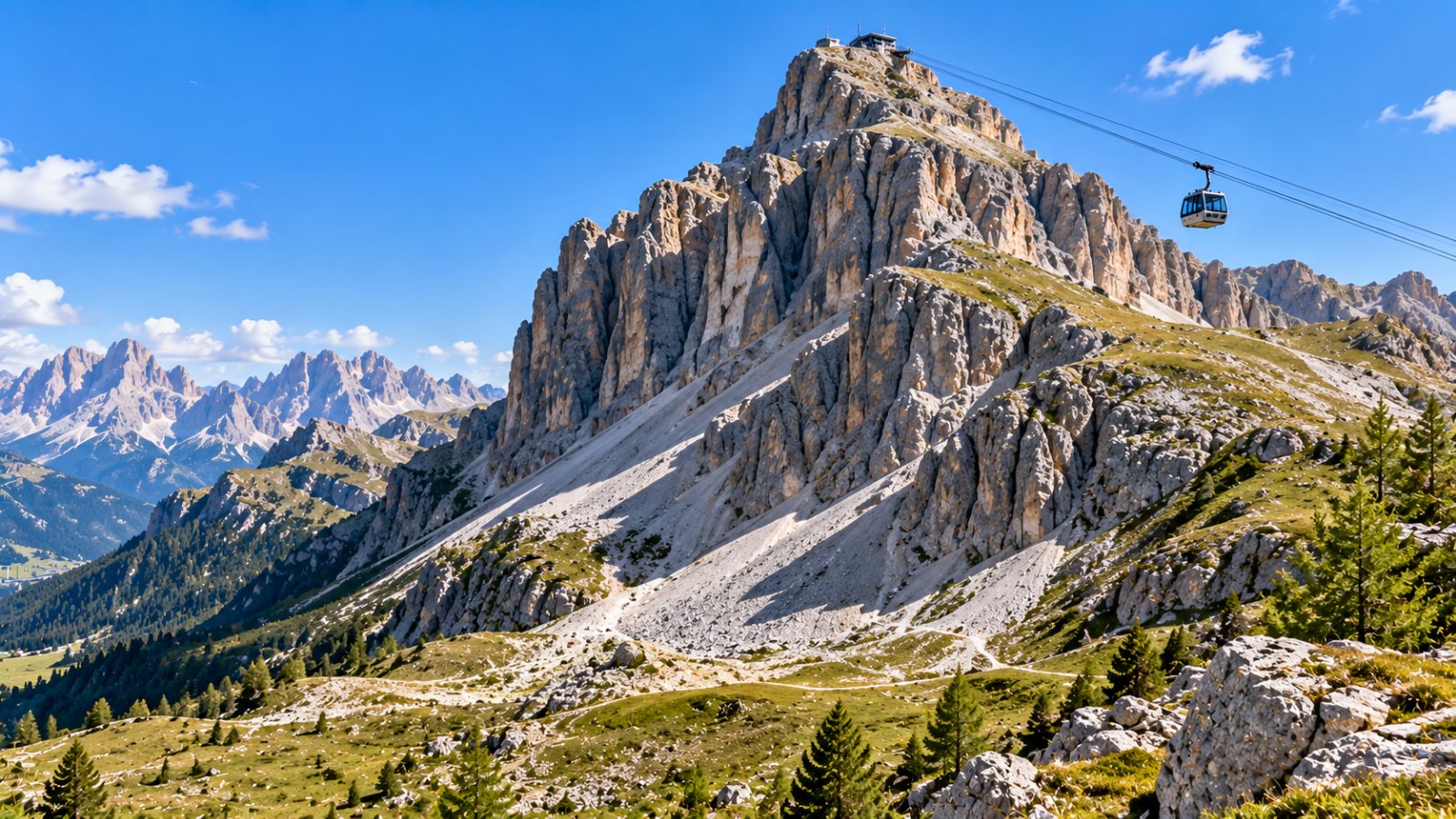La parete rocciosa del Piccolo Lagazuoi sopra il Passo Falzarego, con la cabina della funivia sospesa a metà salita e i ghiaioni chiari ai piedi della montagna