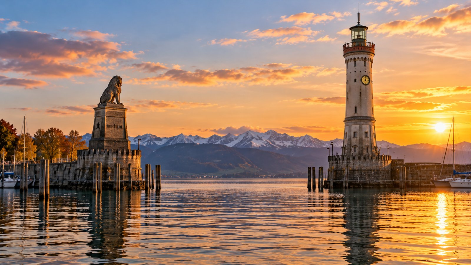 Il porto di Lindau visto dall'acqua al tramonto, con il faro bianco e la statua del leone su due moli di pietra e le Alpi sullo sfondo oltre il lago