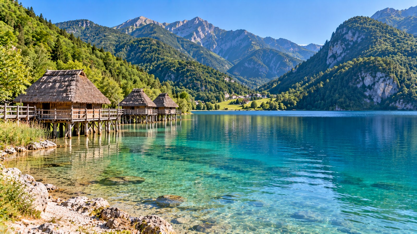 Il Lago di Ledro in una mattina d'estate, con l'acqua turchese e limpida, le capanne di legno ricostruite su pali lungo la riva di Molina e i monti boscosi tutto intorno