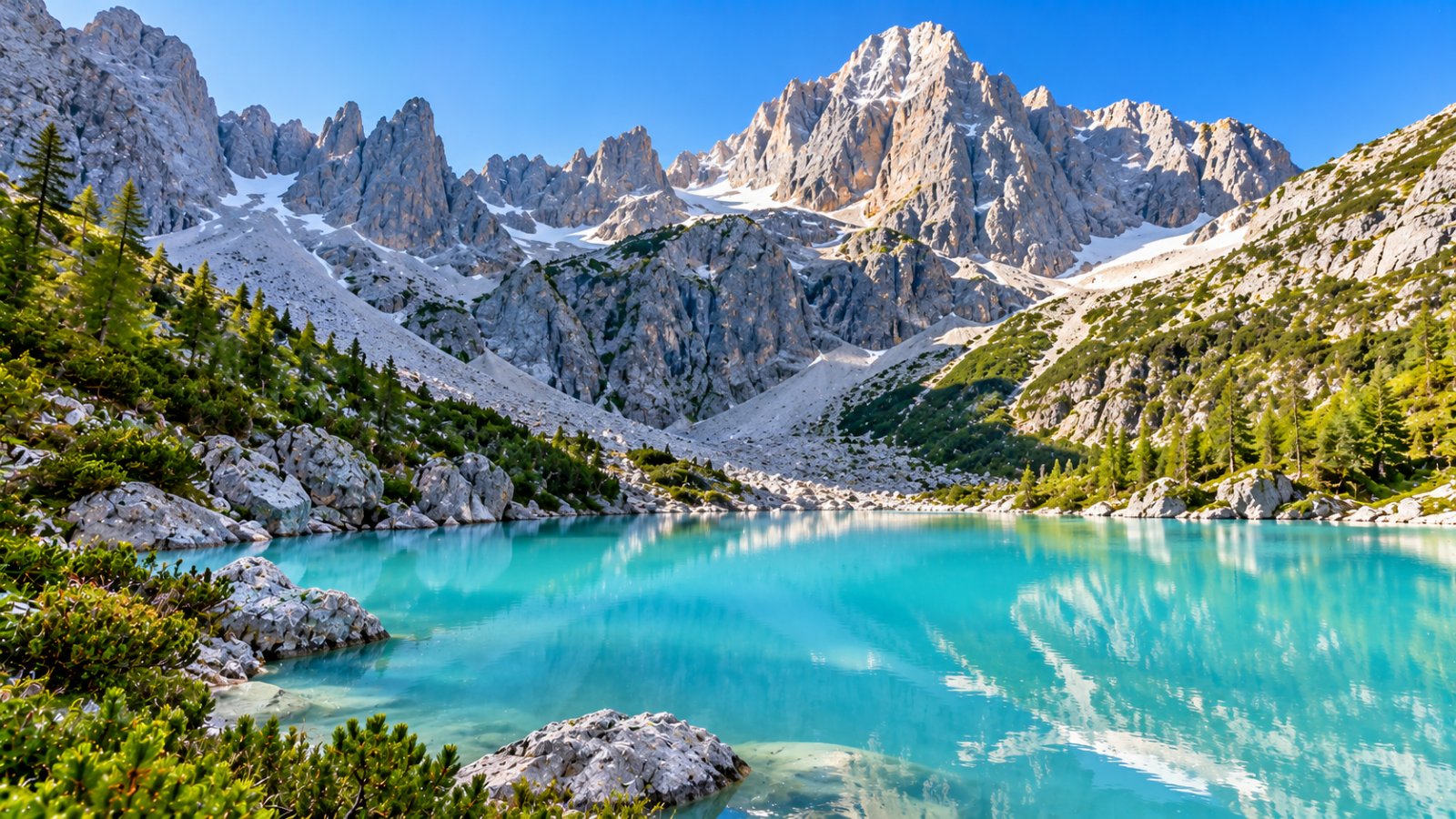 Il Lago di Sorapiss dall'acqua turchese lattiginosa, circondato da ghiaioni e da pini mughi, sotto le pareti verticali e le guglie del gruppo del Sorapiss