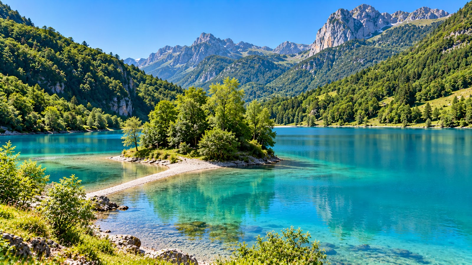 Il Lago di Tenno con l'acqua turchese e la piccola isola boscosa collegata alla riva da una lingua di ghiaia chiara, circondato da boschi e montagne