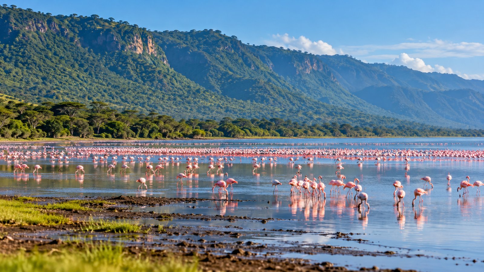 Fenicotteri rosa sulla riva del Lago Manyara, con la scarpata della Rift Valley coperta di foresta sullo sfondo
