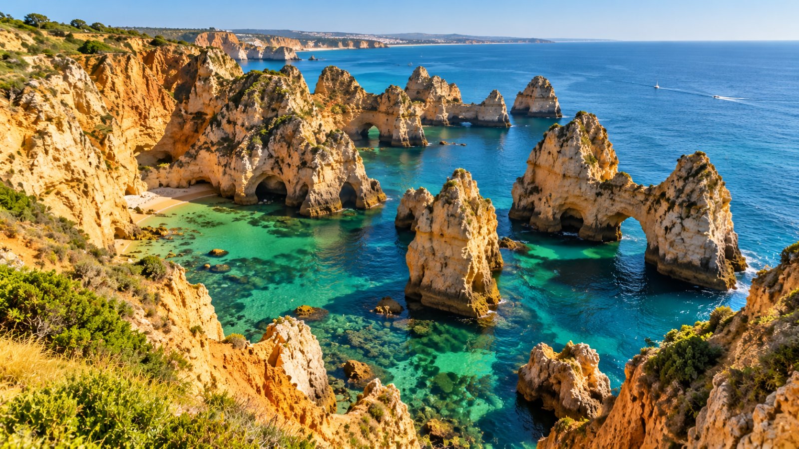 Faraglioni e archi di roccia dorata che emergono da un mare turchese sotto alte scogliere, nella luce calda del mattino