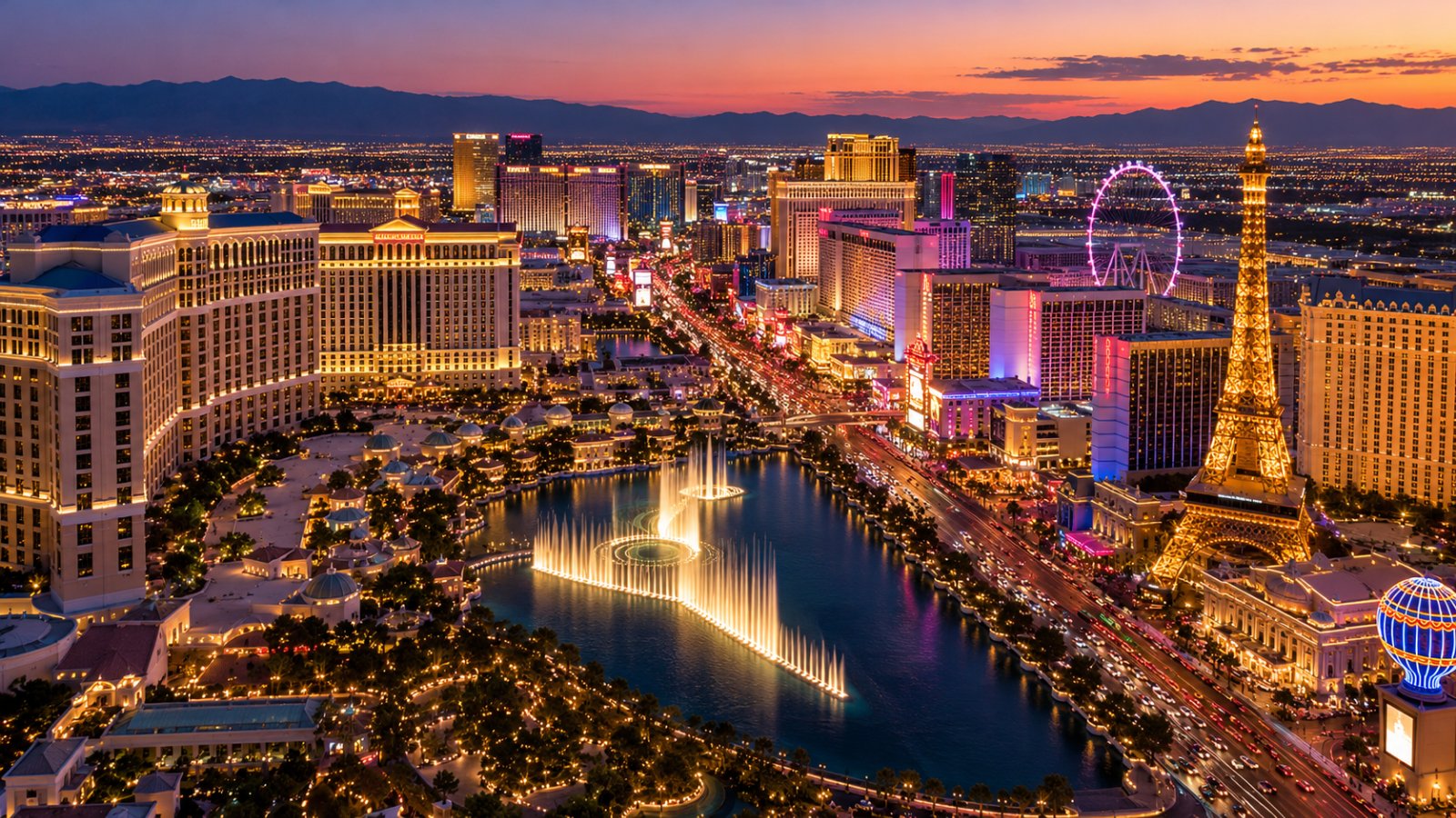 La Strip di Las Vegas vista dall'alto al crepuscolo, con le luci degli hotel e le montagne del deserto sullo sfondo