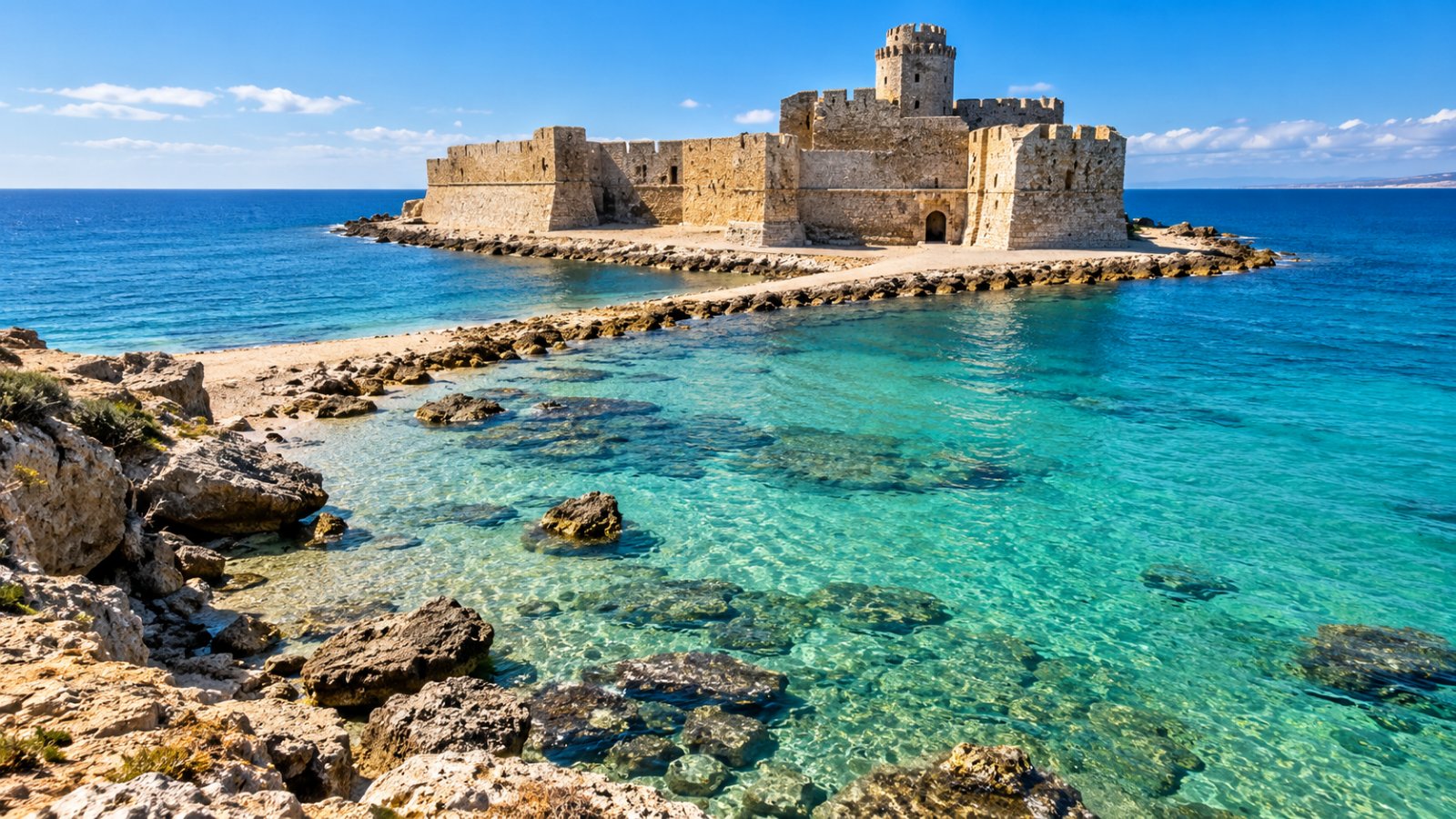 La fortezza aragonese di Le Castella sull'isolotto unito alla costa da una sottile striscia di terra, con il mar Ionio turchese e trasparente