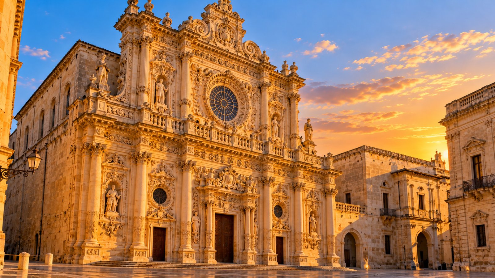 La facciata barocca riccamente scolpita della basilica di Santa Croce a Lecce, in pietra leccese color miele al tramonto