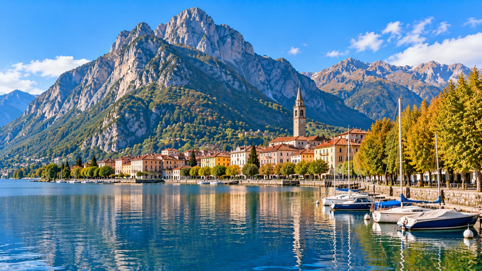 Una cittadina sul lago con montagne rocciose alle spalle e un lungolago con barche