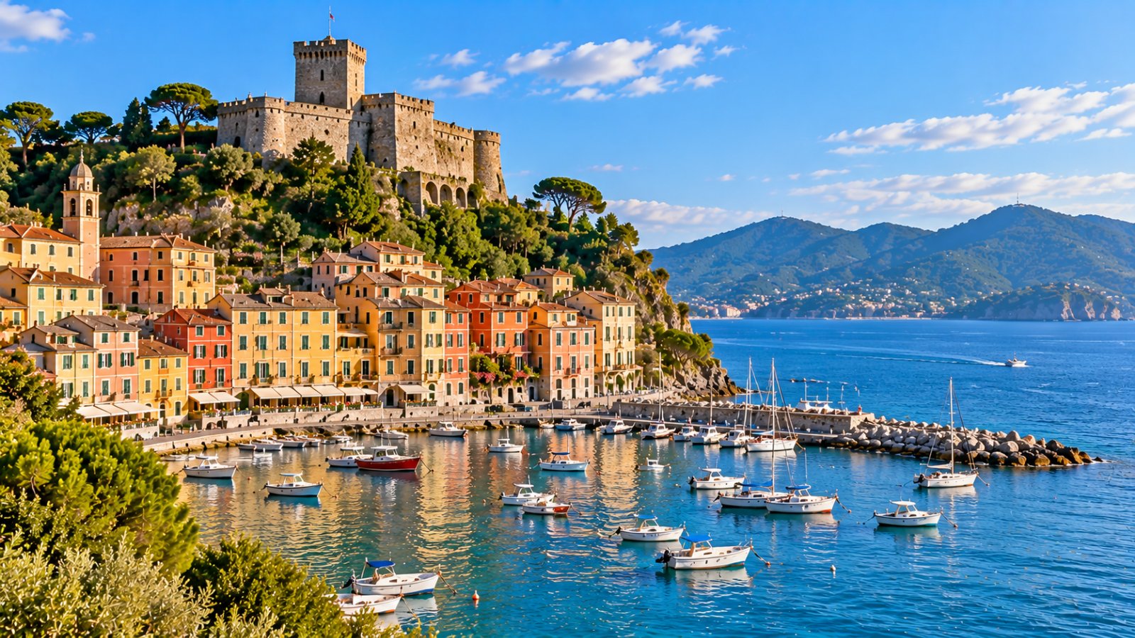 Il castello di Lerici sul promontorio sopra il porticciolo con le barche e le case colorate del Golfo dei Poeti