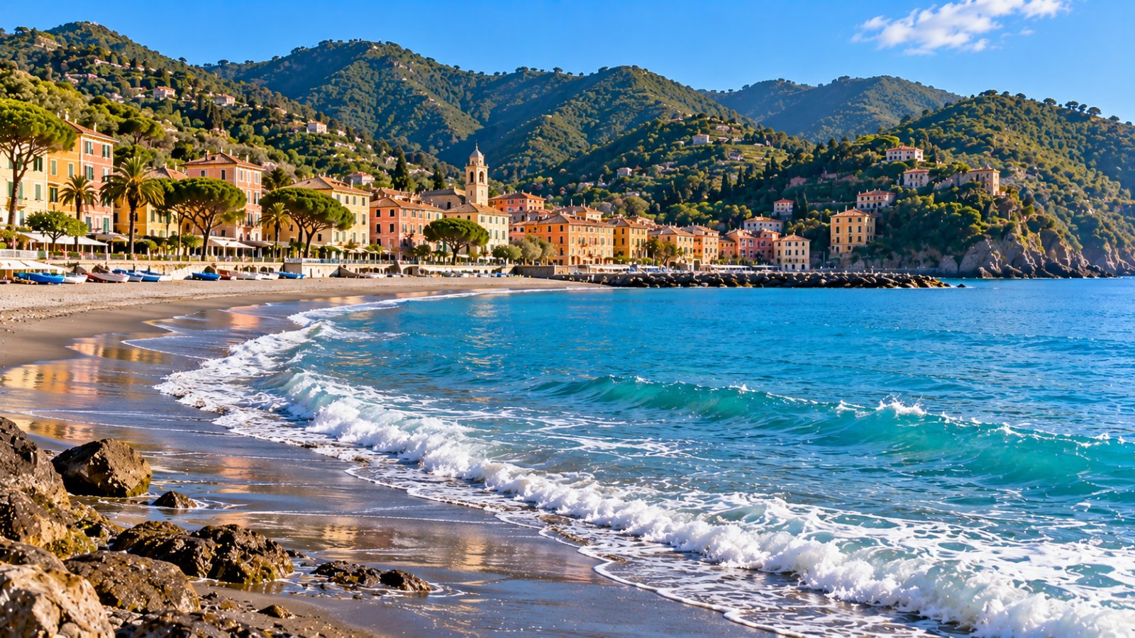 La spiaggia di Levanto con le onde e il borgo alle spalle tra le colline verdi nella luce del mattino