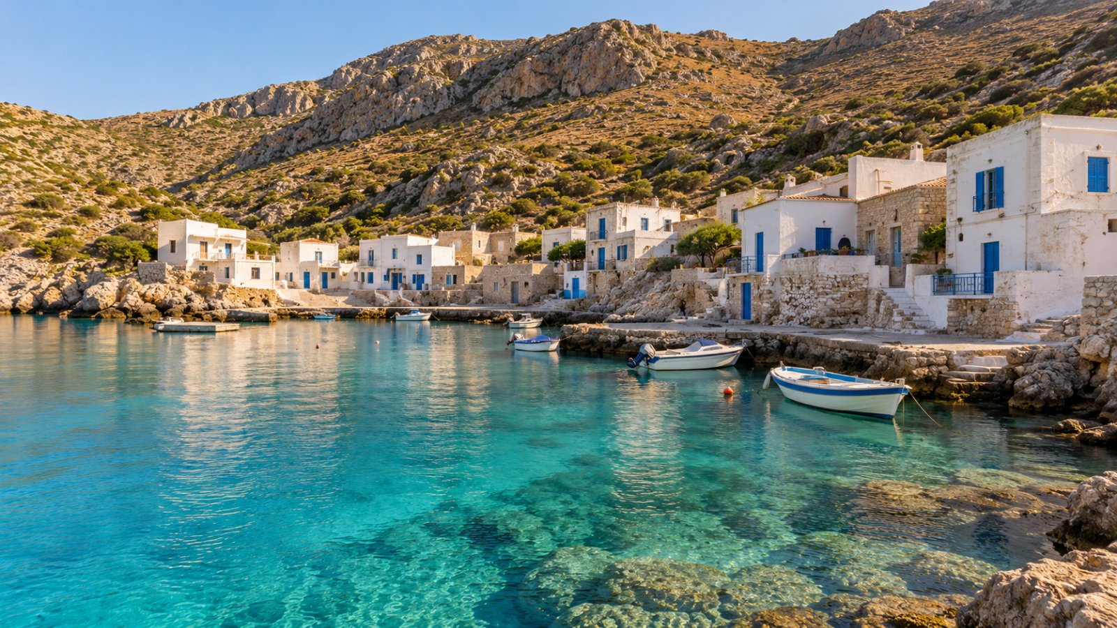 Le case bianche con gli infissi azzurri di Cala Dogana a Levanzo, affacciate su un mare turchese e limpido