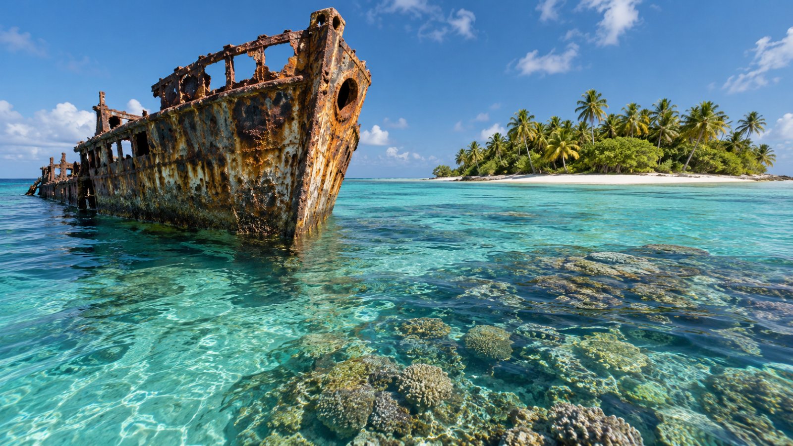 La prua arrugginita di un vecchio relitto che emerge dall'acqua turchese sopra la barriera corallina delle Maldive, con un'isola coperta di palme sullo sfondo