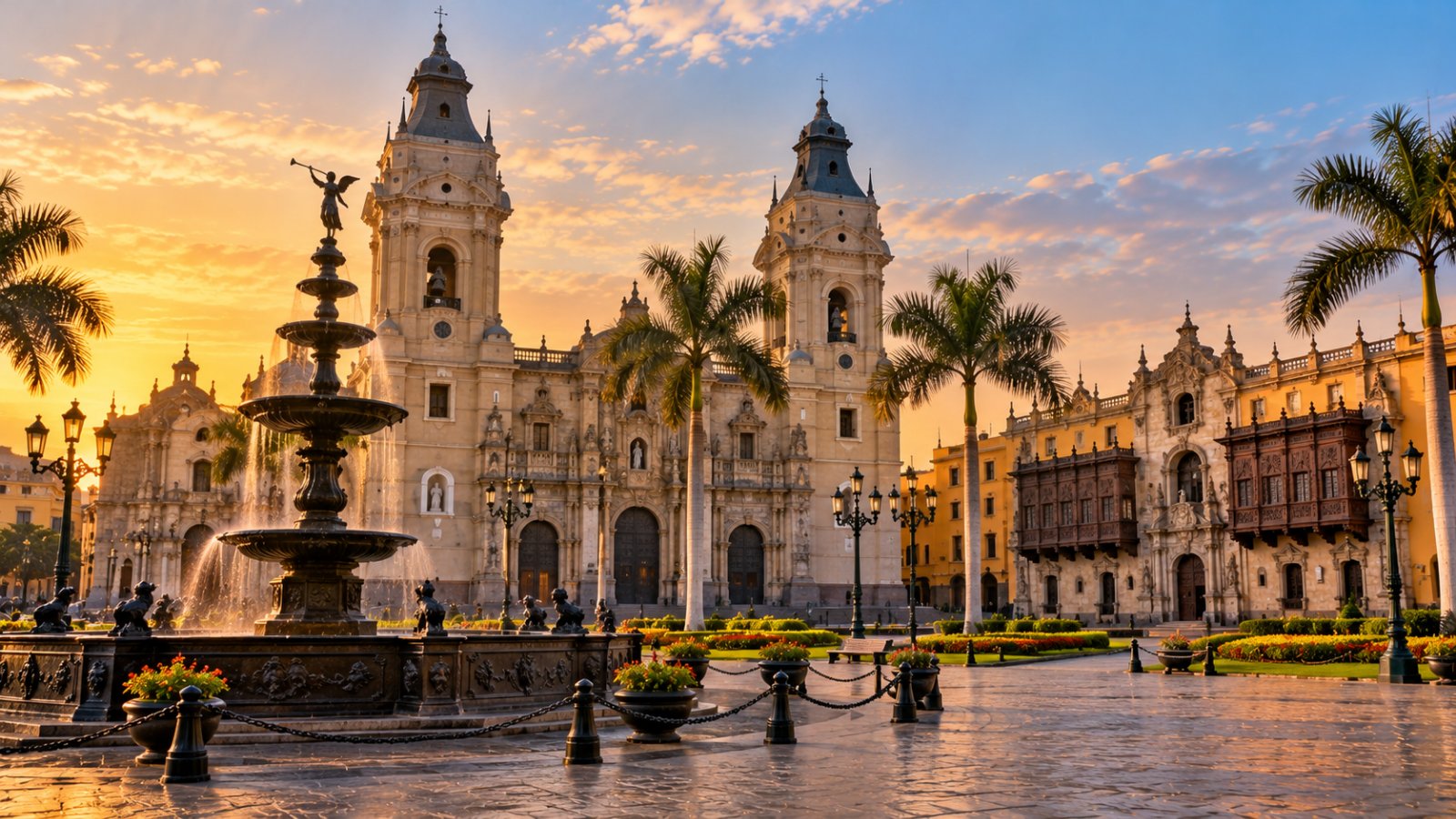 La Plaza de Armas di Lima con la facciata della cattedrale e il Palazzo arcivescovile dai balconi in legno scuro, nella luce calda del tardo pomeriggio
