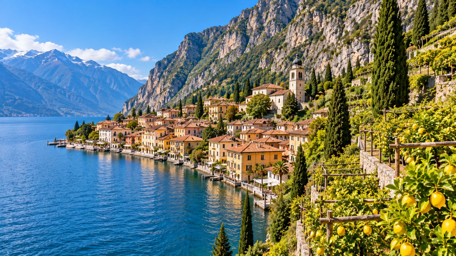 Un borgo di case colorate affacciato sul lago, con terrazze di limonaie e alte pareti rocciose alle spalle
