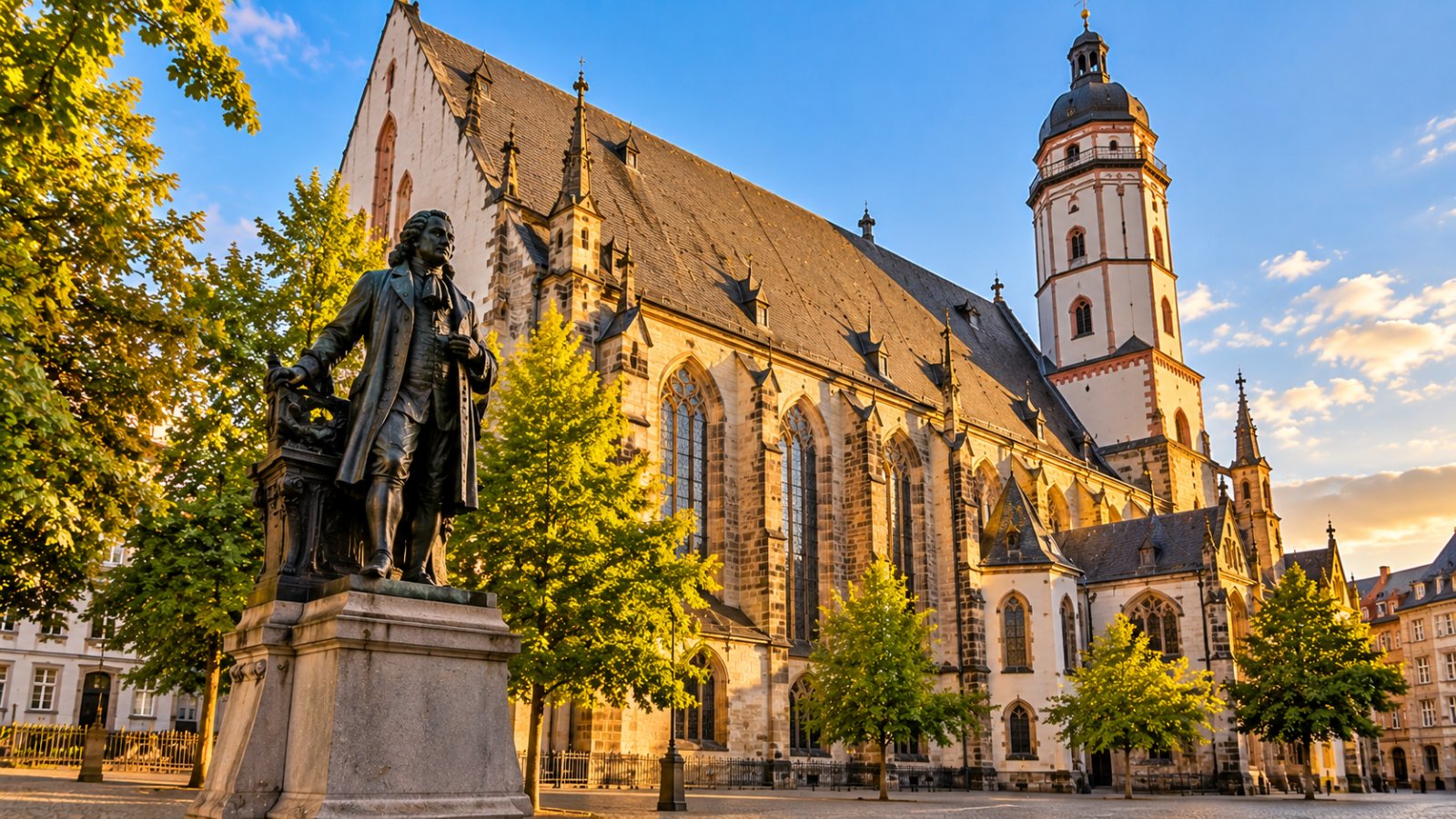 La facciata gotica della Thomaskirche con il tetto spiovente e il campanile, vista dalla piazza con la statua in bronzo di Bach in primo piano, nella luce dorata del tardo pomeriggio