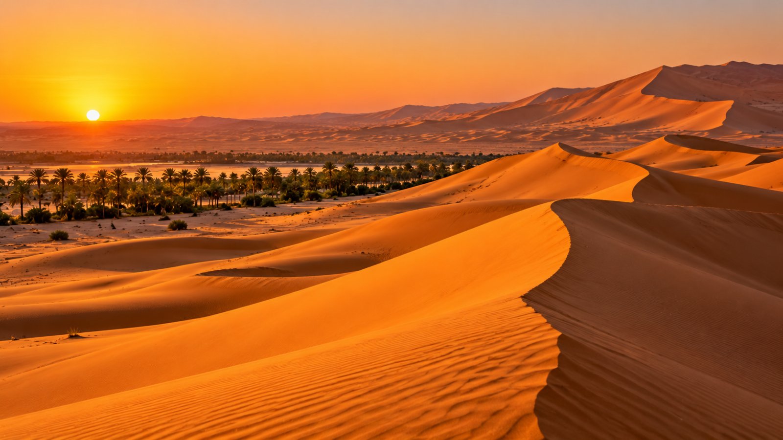 Le altissime dune di sabbia arancione del deserto di Liwa al tramonto, con creste affilate e lunghe ombre, e una fila di palme da datteri in lontananza
