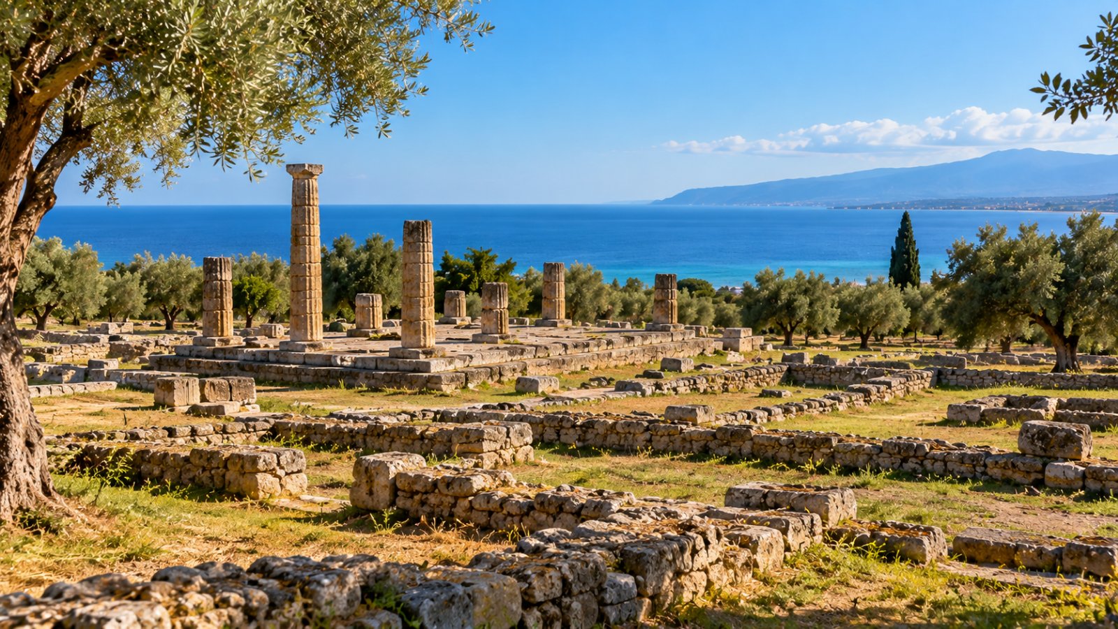 Colonne e fondamenta in pietra dell'antica Locri Epizefiri tra gli ulivi, con il mar Ionio azzurro sullo sfondo