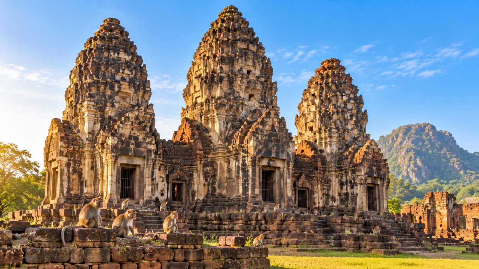 Le tre torri khmer in pietra del Phra Prang Sam Yot a Lopburi, sotto il cielo azzurro