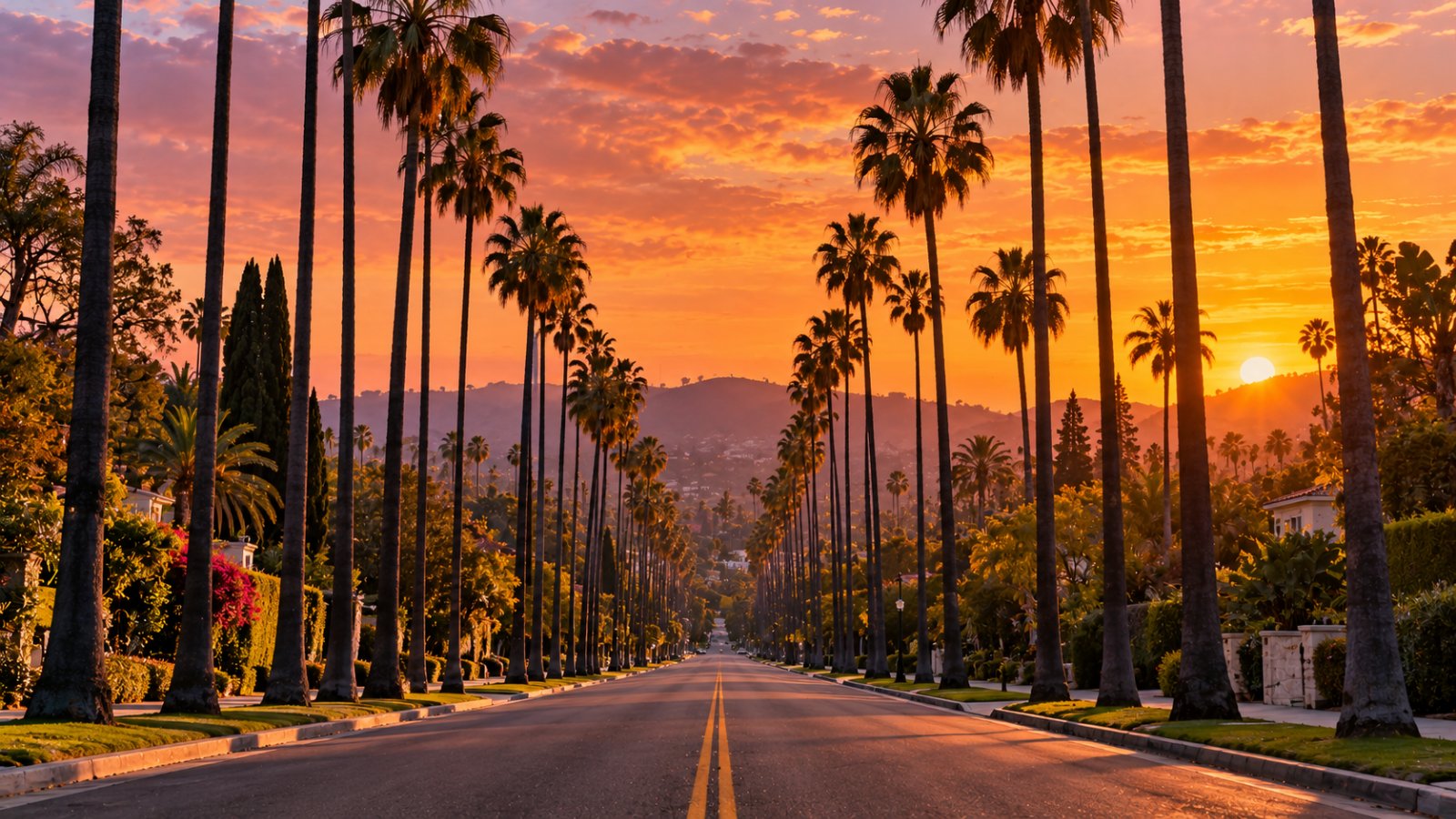 Una lunga fila di palme lungo un viale di Los Angeles al tramonto, con le colline e il cielo arancione sullo sfondo