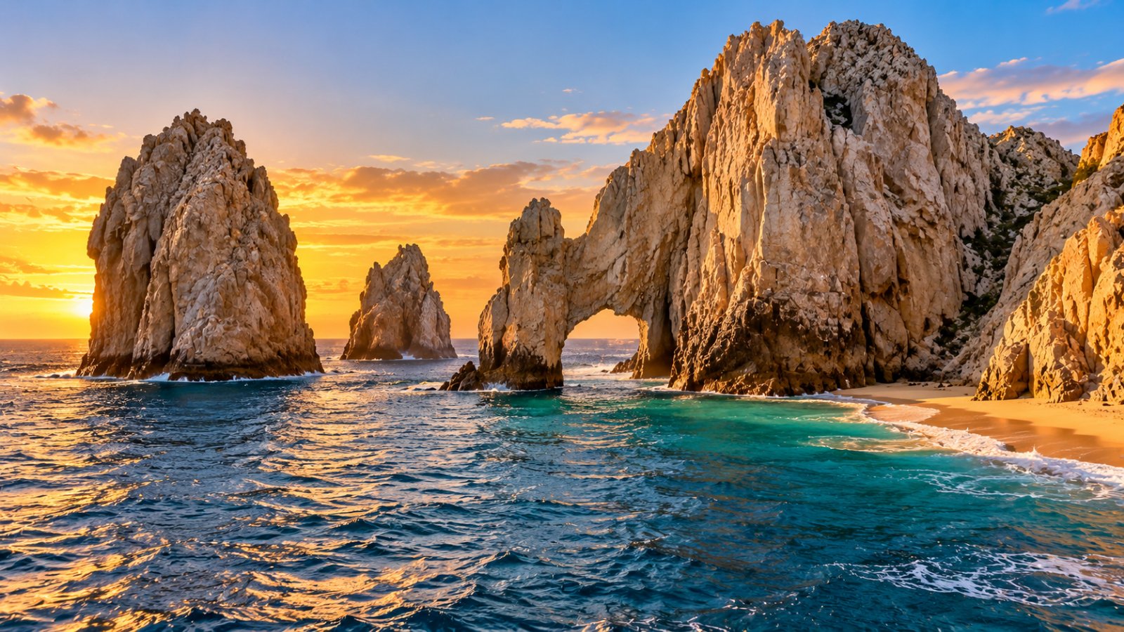 El Arco di Cabo San Lucas e le rocce granitiche sul mare al tramonto, a Los Cabos