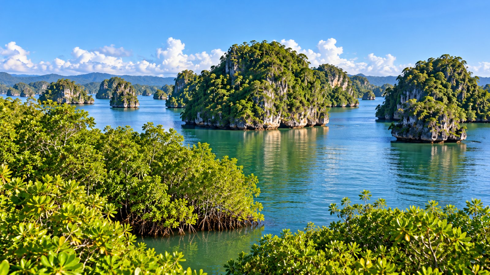 Gli isolotti carsici coperti di vegetazione del parco di Los Haitises che emergono dall'acqua calma della baia