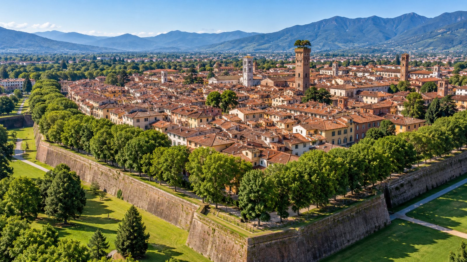Le mura alberate di Lucca viste dall'alto, con i tetti rossi del centro storico e una torre con gli alberi in cima