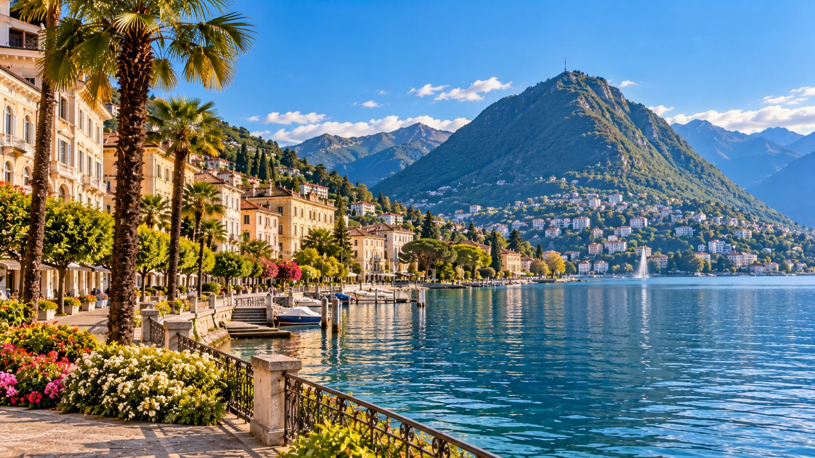 Un lungolago con palme e palazzi chiari, montagne verdi che scendono sull'acqua