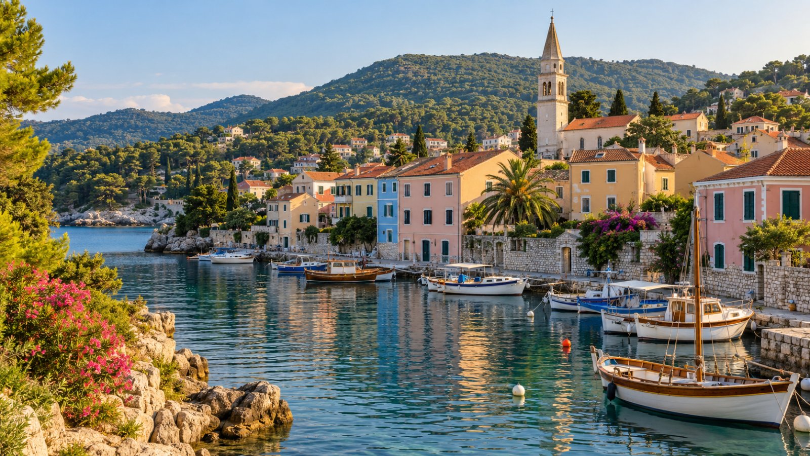 Il porticciolo di Veli Lošinj (Lussingrande), case colorate affacciate sulla piccola insenatura con barche di legno ormeggiate e il campanile della chiesa, colline verdi alle spalle