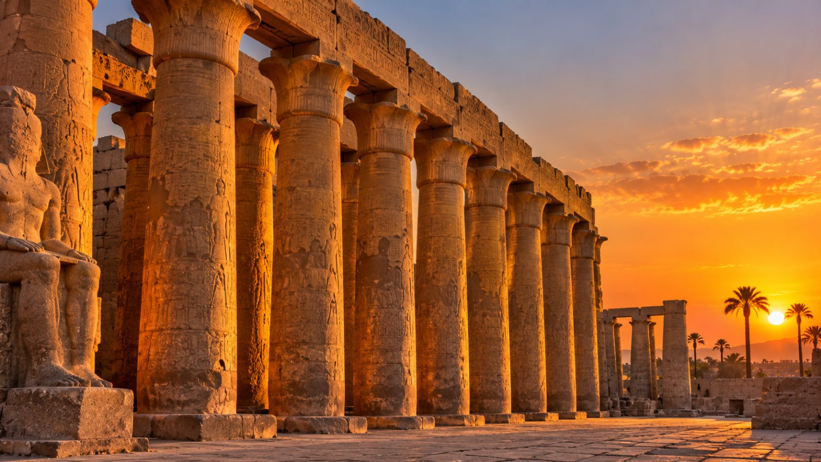 Il colonnato del tempio di Luxor nella luce calda del tramonto
