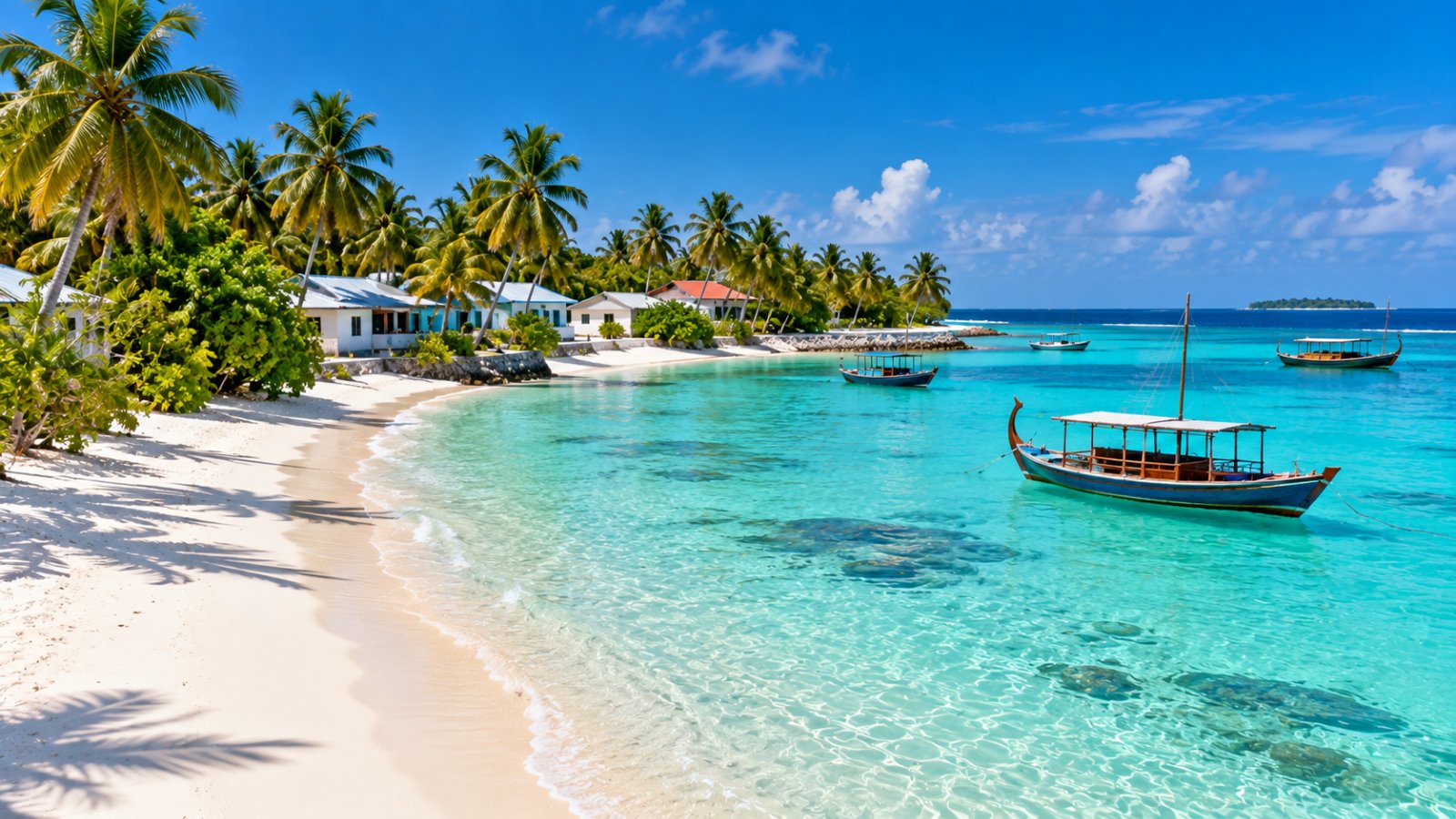 Un'isola locale delle Maldive con spiaggia bianca, palme, case basse e barche dhoni tradizionali nella laguna turchese